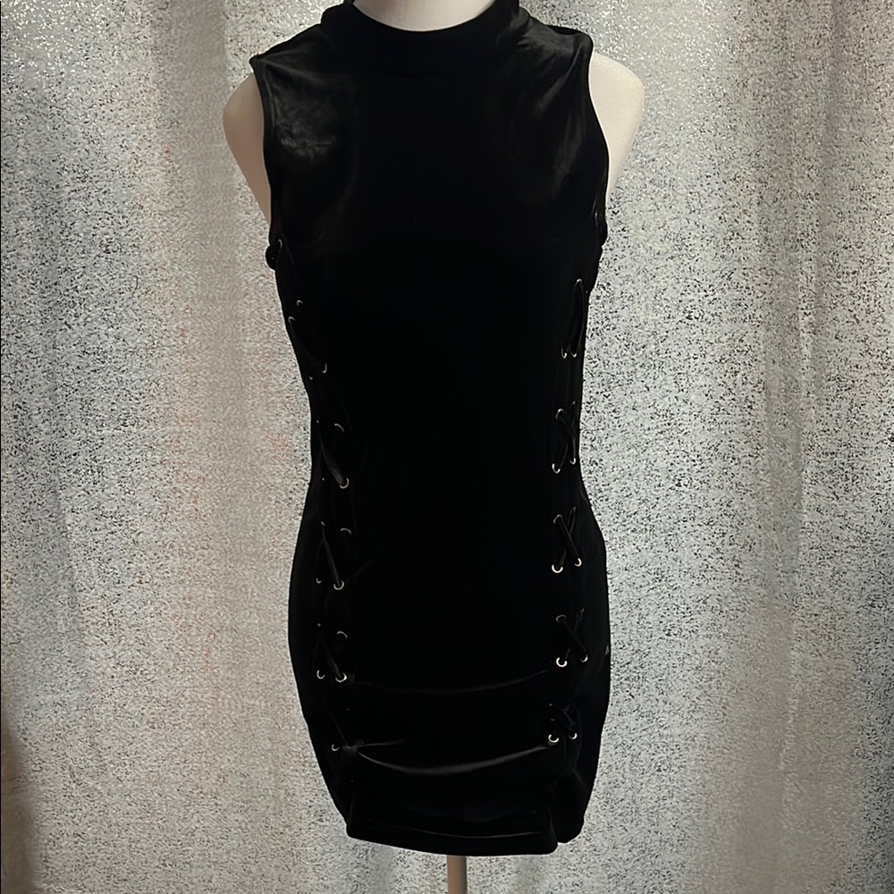 NWOT Shinestar Black Mini Bodycon Dress with Velvet Texture and Mock Neck